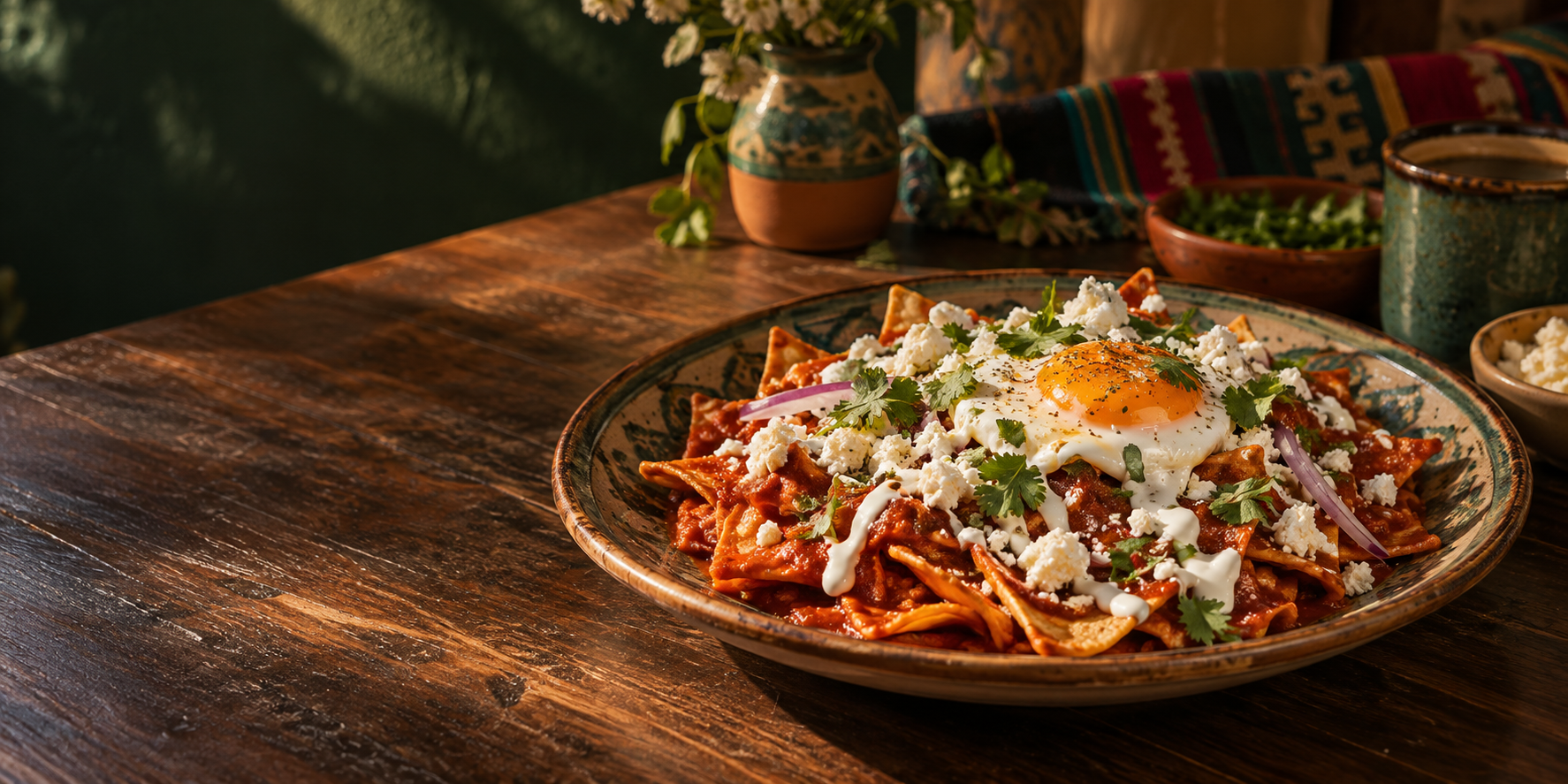 Chilaquiles mexicains servis avec œuf, sauce et garnitures