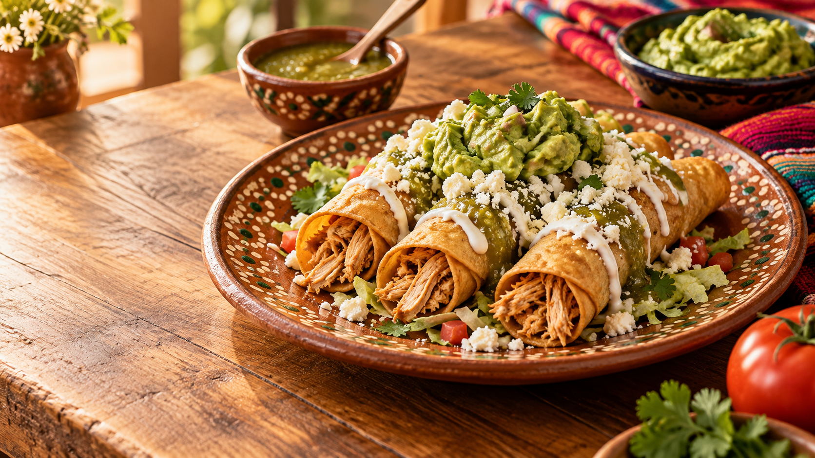 Flautas de pollo mexicaines avec guacamole, fromage frais, crème et sauce verte